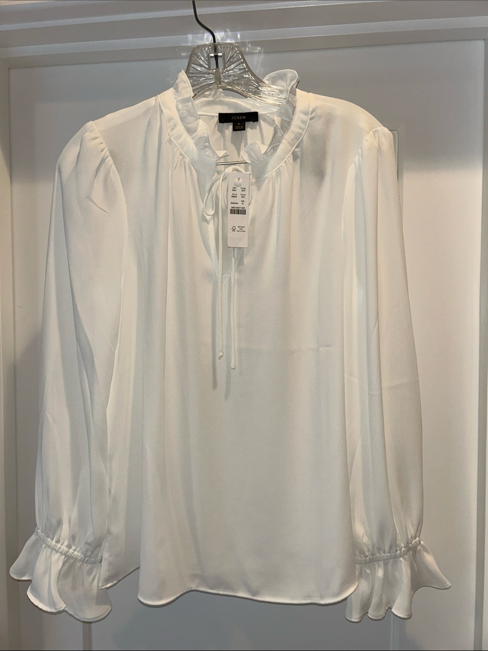 J. Crew White Ruffle Tie-Neck Blouse